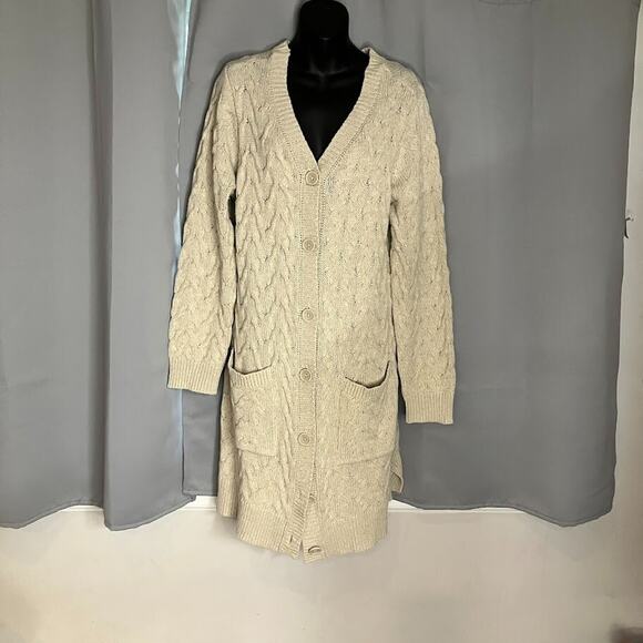 Denim & Co Cable Chunky Knit Long Button Up V Neck Sweater Cardigan Tunic Size L - Picture 1 of 11